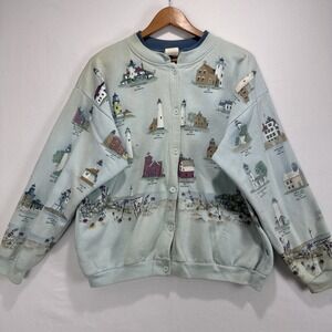 Artisans Sunschein Designs Michigan Lighthouse Cardigan USA 90s All Over Design‎